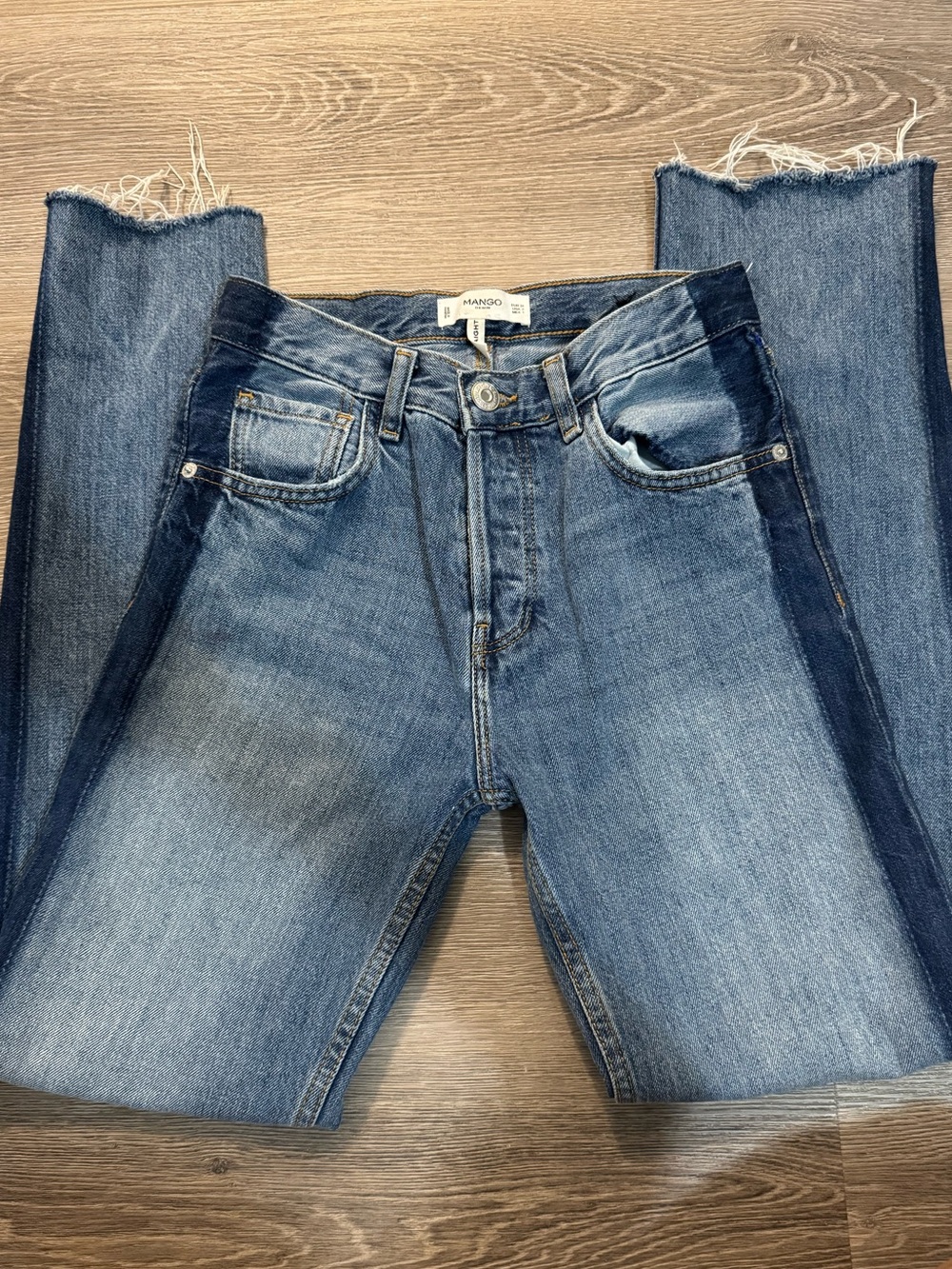 Mango Two-Tone Blue Frayed Hem Straight Jeans